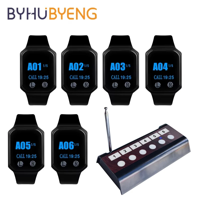 6-Key Button Transmitter + 6 Watch Receivers Wireless Pager System Boss Calling Secretary for Office Kitchen Restaurant