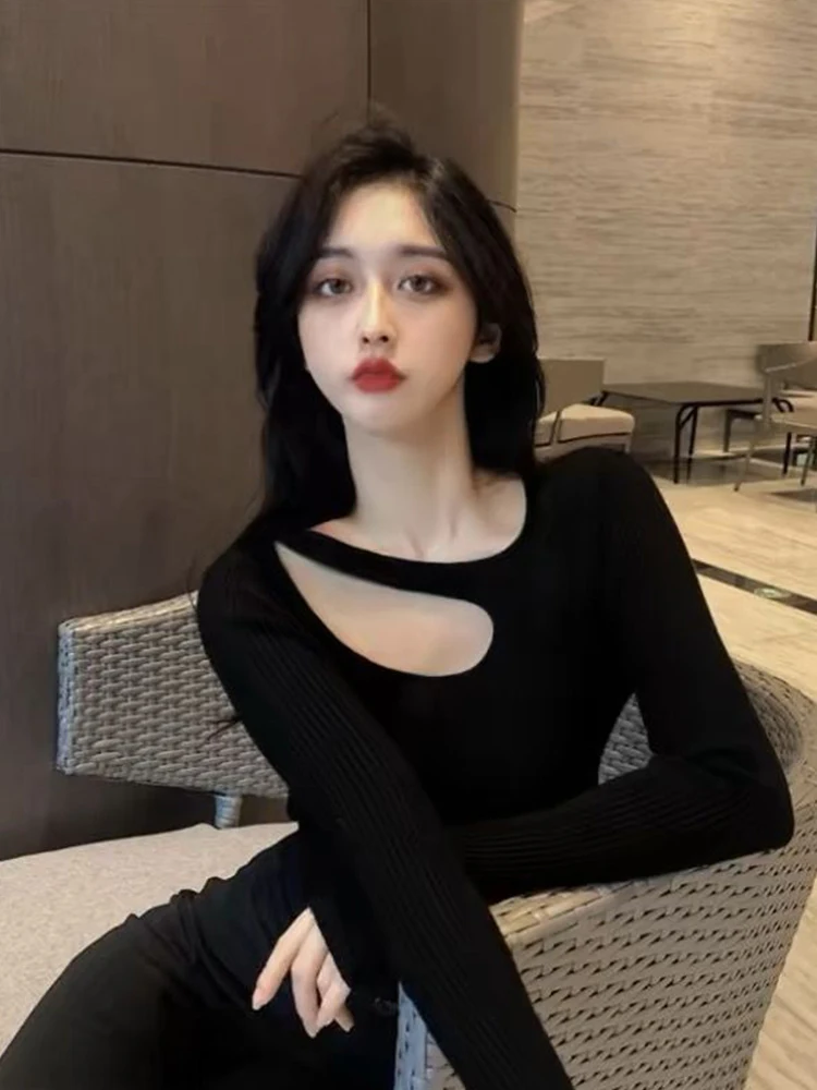 Early Autumn New Style Women's Long Sleeve Knitted T-shirt Shoulder Bared Hollow out Base Shirt Slim Fit Black Elegant Clavic...
