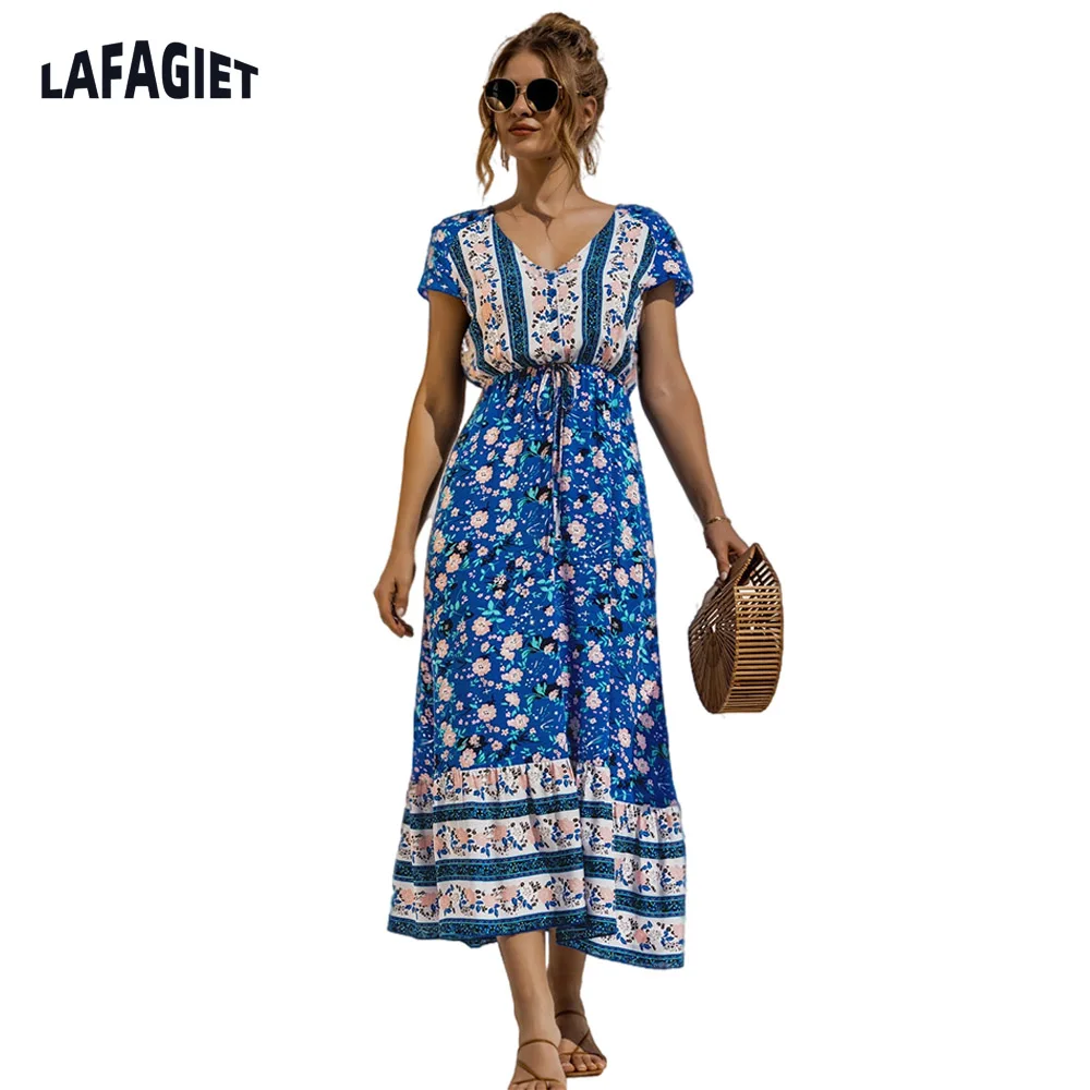 Robe longue à fleurs pour femmes, style Boho, imprimé Floral, col en V, manches courtes, boutons, été