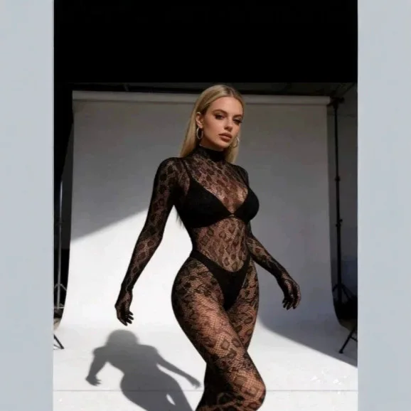 Sexy Bodystocking Lace Hollow Out Long Sleeve Bodysuit Jumpsuits for Women Night Club Ballroom Stripper Dancing Playsuit Catsuit