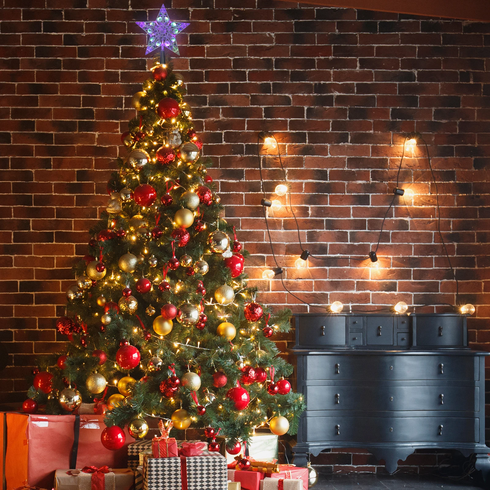 

Christmas Tree Star Outdoor Decoration Hanging Decorations Lighted Toppers Small Xmas Ornaments Gold Treetop Lamp