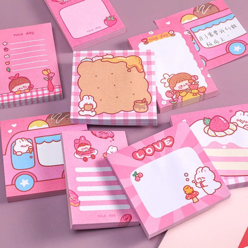 Kawaii Pink Cartoon Notepad, Cute Sticky Notes, Artigos de Papelaria Estética, Acessórios de Escritório, Papel Material, 50 Folhas