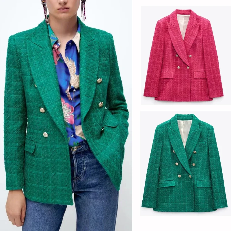

Autumn Tweed Blend Double-breasted Slim Blazer for Women Pockets Plaid Fashion Suit Rose Red Green