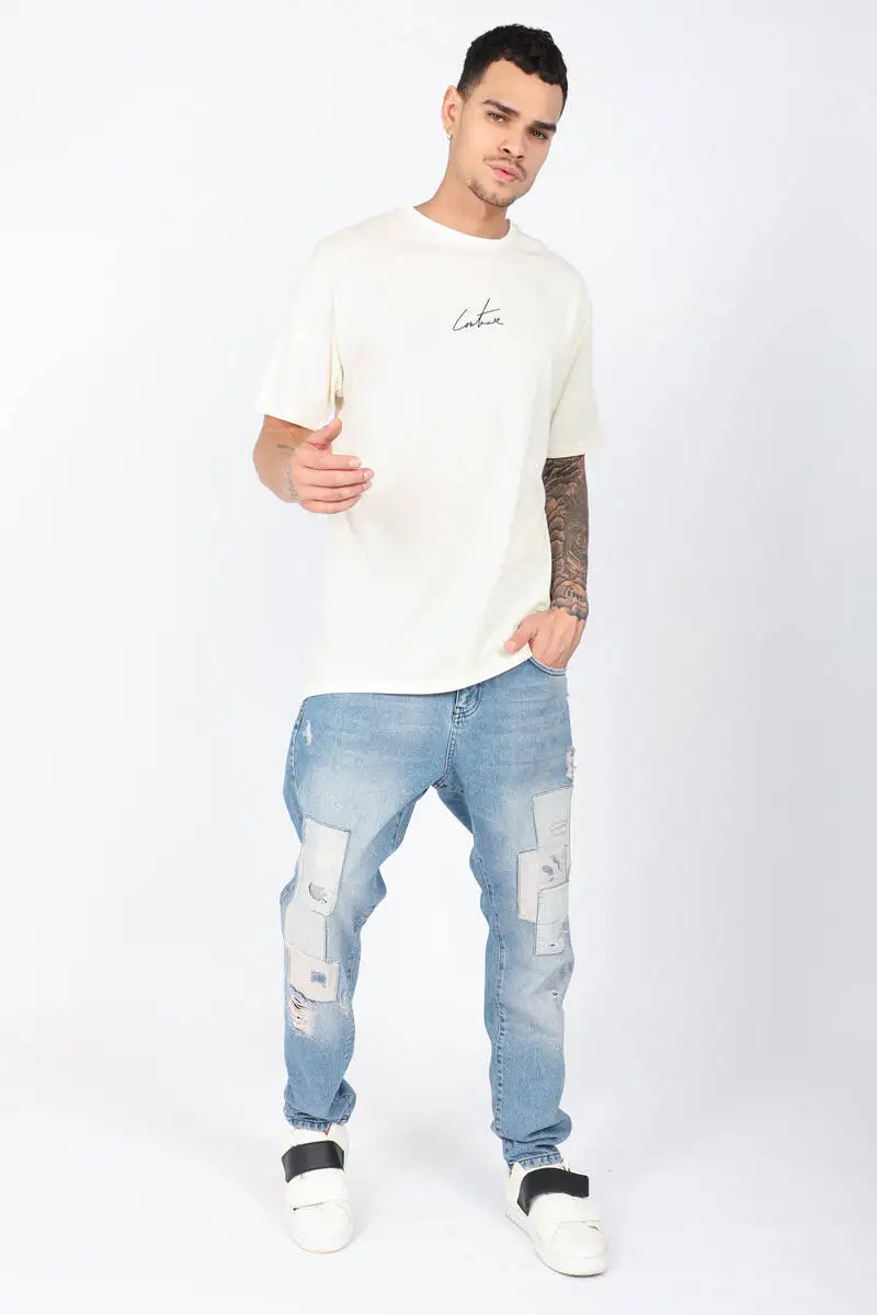 Men Patched Carrot Jean Pants Blue