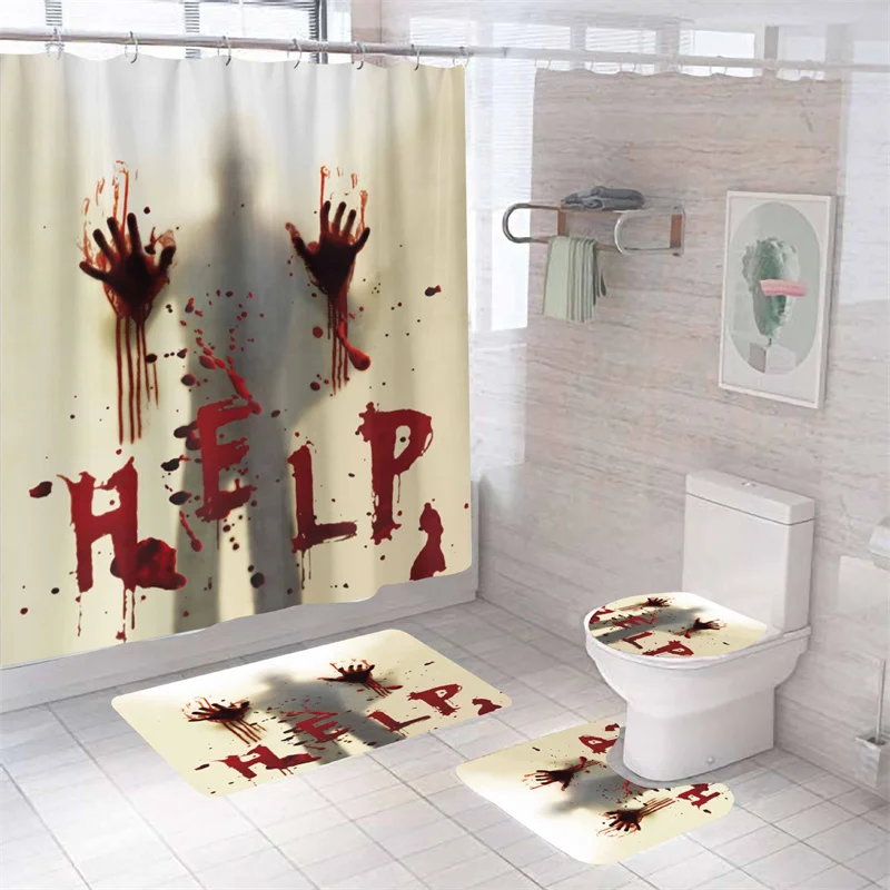 Scary Bloody Handprint Waterproof Bath Curtain 3D Print Bath Mat Set Polyester Terror Spoof Party Halloween Anti-slip Carpets