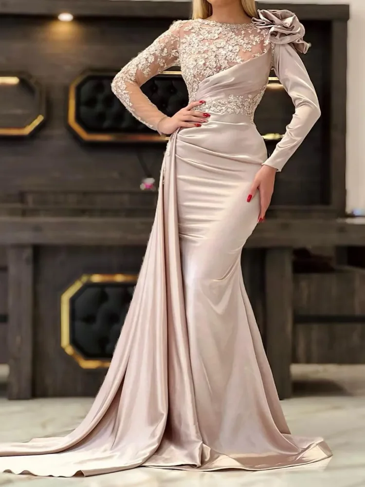 Vestido de fiesta de sirena con cuello redondo y mangas largas, traje de noche Formal con apliques y cremallera en la espalda