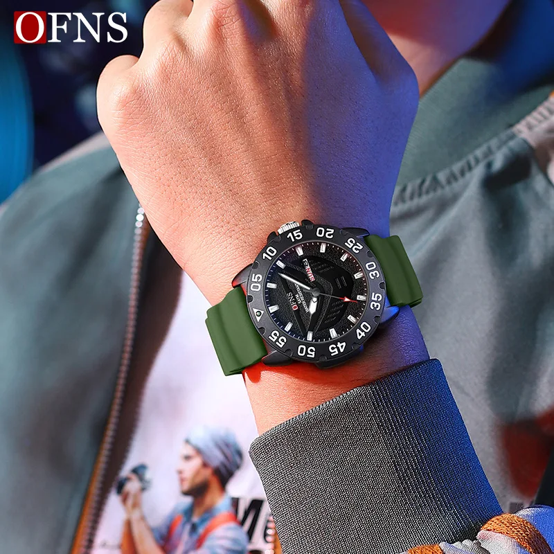 OFNS 1308 남성용 쿼츠 시계, 듀얼 캘린더, 클래식 심플 방수 실리콘 스트랩 손목시계, 학생 생일 선물