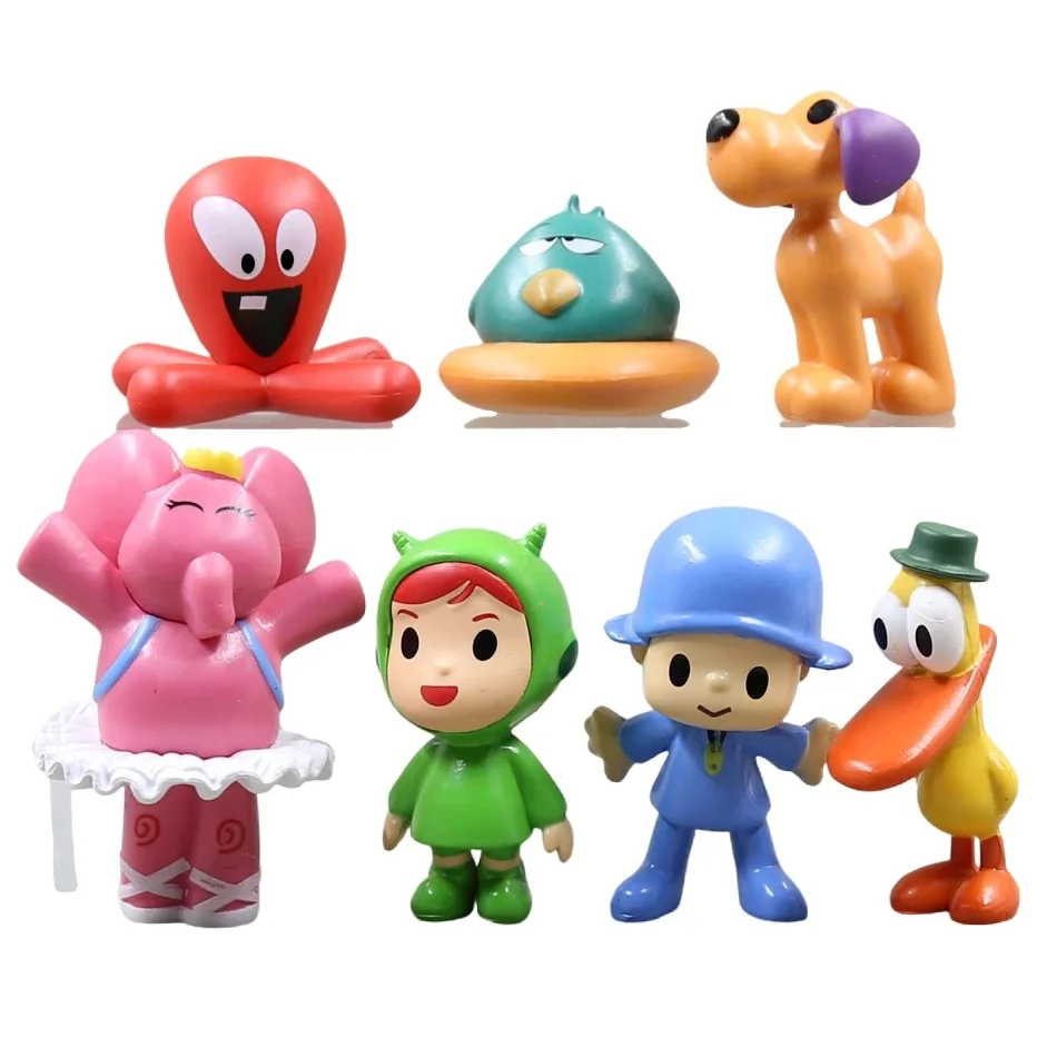 Figuras de acción Kawaii de Pocoyo, juguetes de animales de Pvc, pájaro, pato, elefante, modelo de juguete, adornos de escena, dibujos animados, regalo para niños, 7 piezas por juego