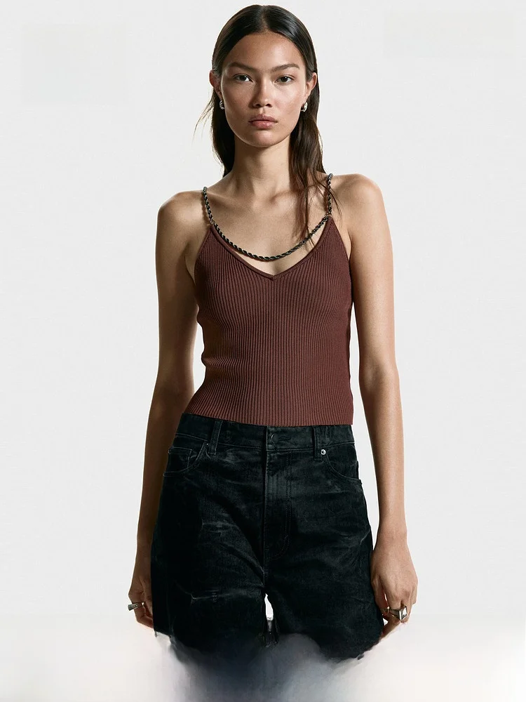 

Весенний женский повседневный трикотажный топ с цепочкой на бретелях H&M Sle 3623 Regular Thin V-Ne Svel Faion