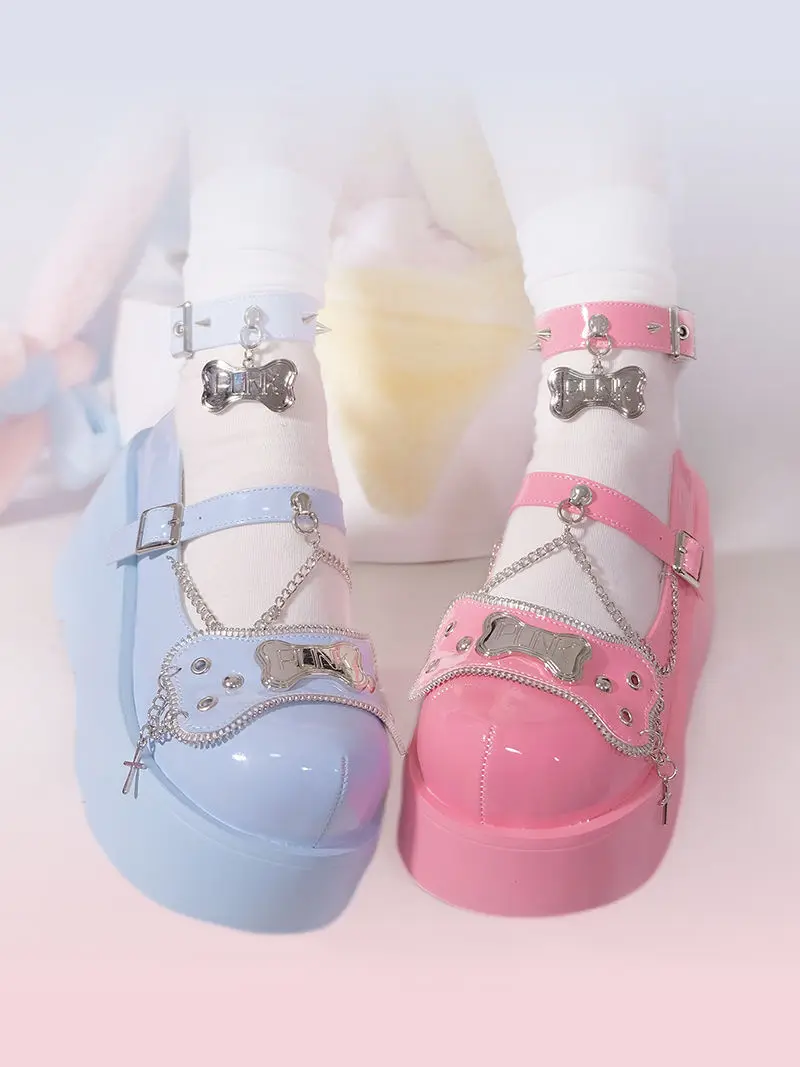 รองเท้า PU สำหรับนักเรียนรองเท้าส้นตึกสีชมพูรองเท้าส้นสูงรองเท้าแพลตฟอร์มรองเท้าพื้นหนาสีสันสดใสกางเกงเด็กผู้หญิง