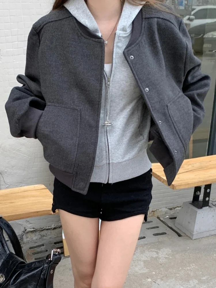 

Baseball Woolen Coat Cropped Bomber Jacket Oversized Streetwear Loose Casual Korean Fashion Uniform Winter Clothes Women