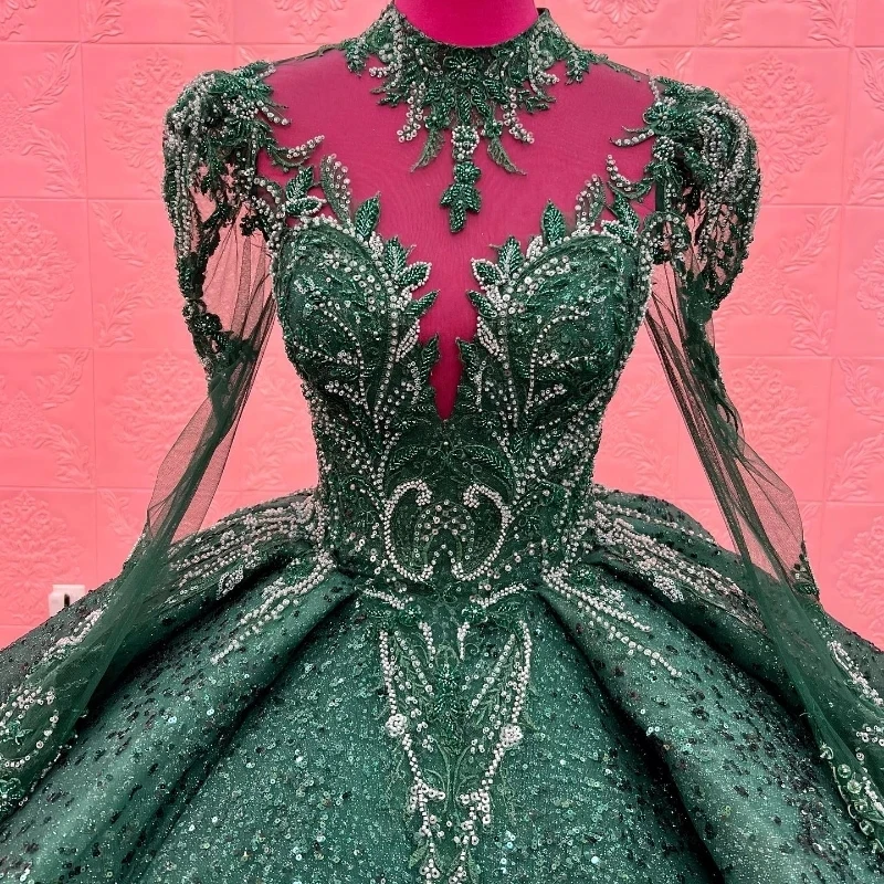 Emerald Green High Neck Long Sleeved Sequined Appliques Beads Quinceanera Dress Ball Gown Off The Shoulder Corset Vestidos De