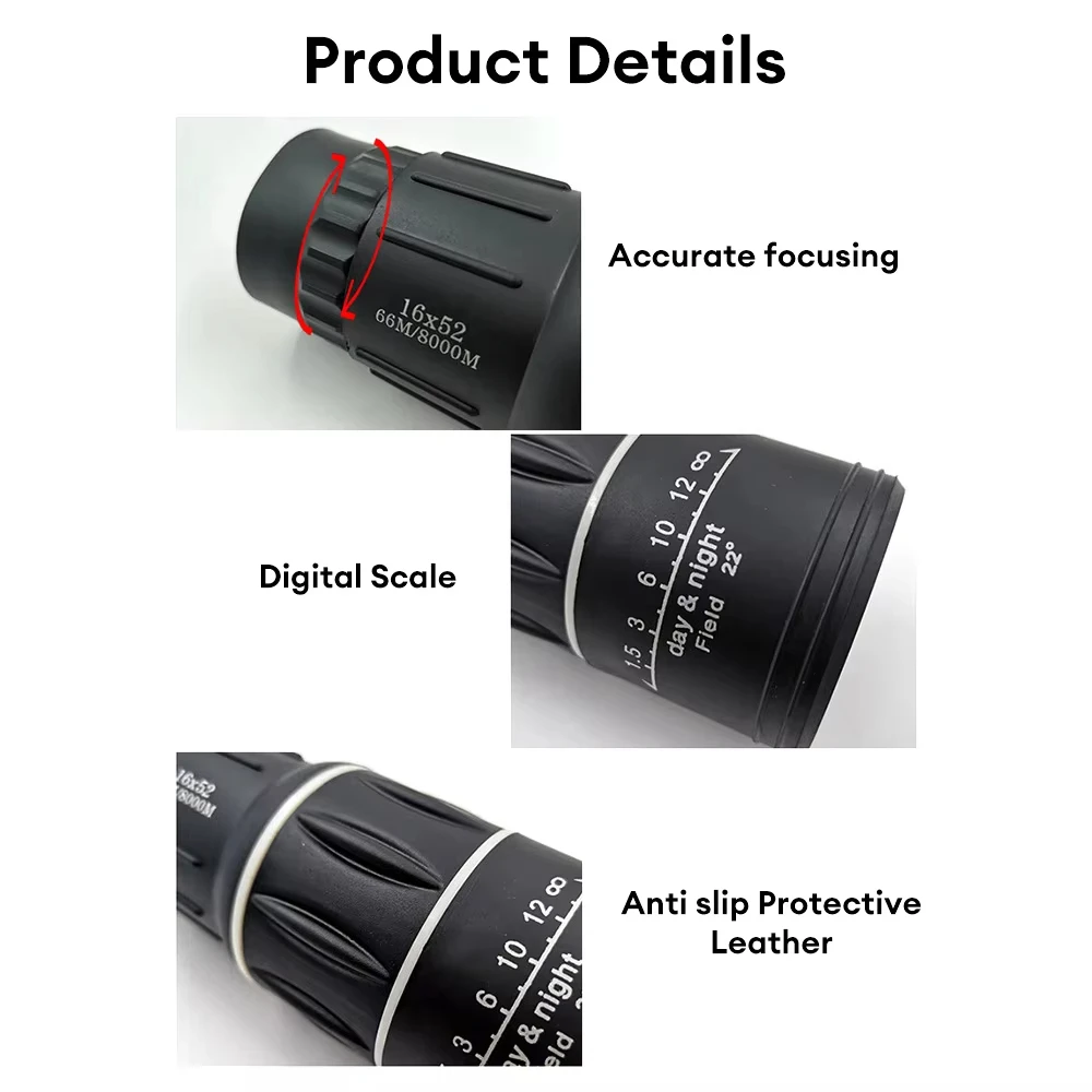 Telescopio monocular HD 16x52 Ipx4 impermeable campo de visión de larga distancia estabilización de imagen para observación de vida silvestre senderismo