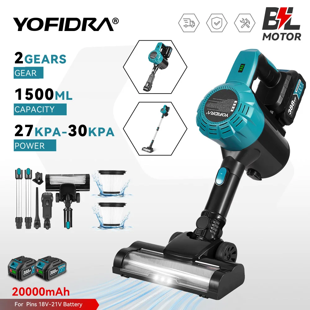 YOFIDRA 1800W 30KPa Leistungsstarker kabelloser elektrischer Staubsauger mit LED-Licht, Reinigungsgeräte für den Haushalt, kompatibel mit Makita 21V Akku.