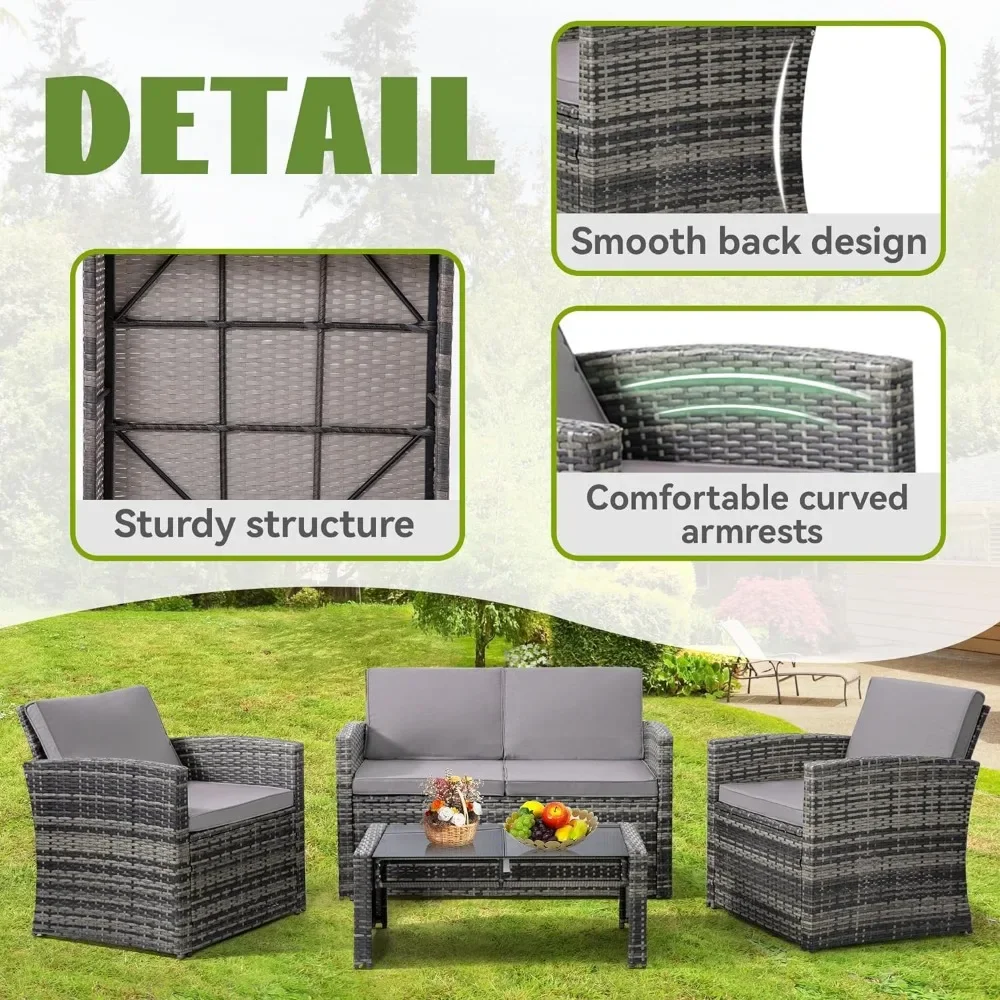 4 Pieces Patio Conversation Set, Outside Rattan Sectional Sofa, Cushioned Furniture Set, Wicker Sofa Ideal for Garden, Backyard