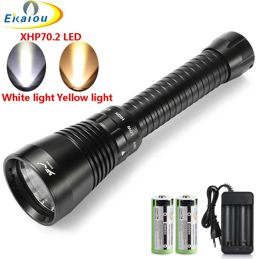 

LED Diving Light XHP70.2 Waterproof IPX8 Flashlight Underwater Night Deep Sea Catch Fish 26650 Tactical Torch Dive Scuba Lamp