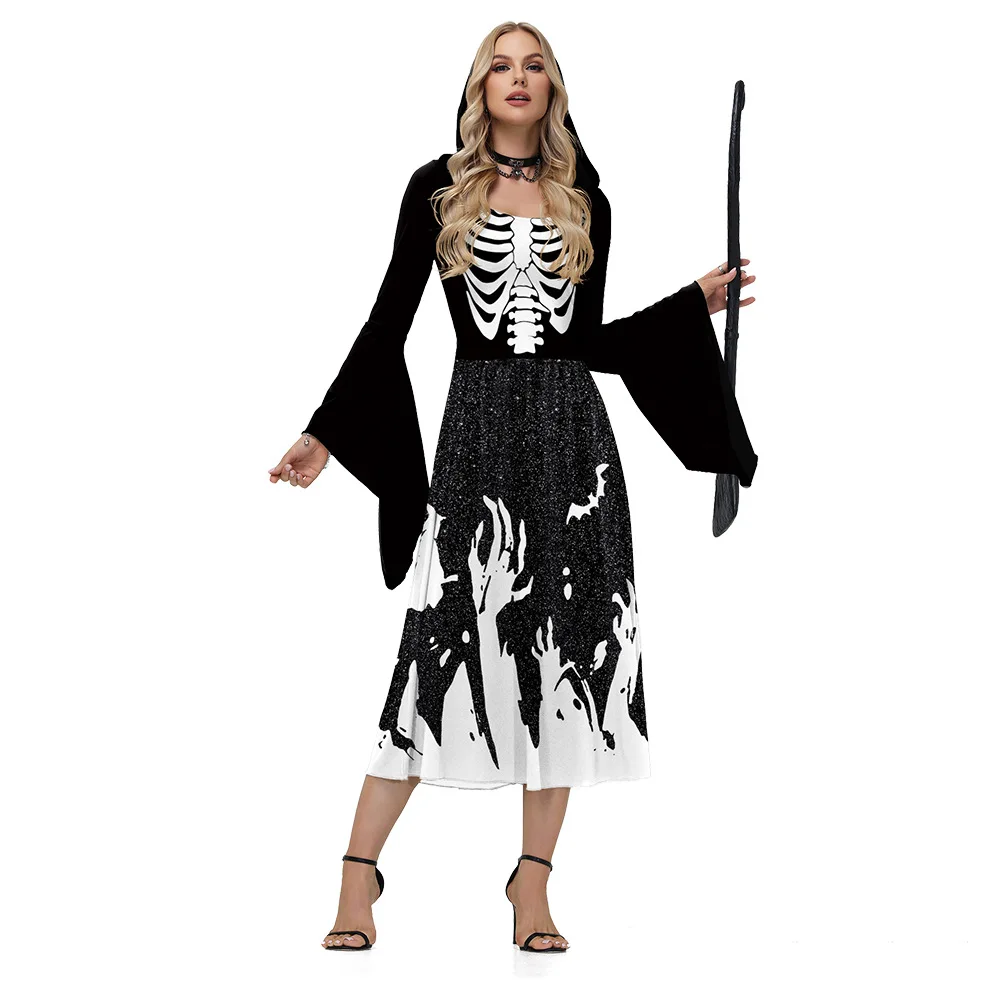 Costumes de Cosplay squelette d'halloween pour femmes, Robe médiévale, Robe de fête Vintage à capuche, vêtements effrayants de sorcière, jour des morts