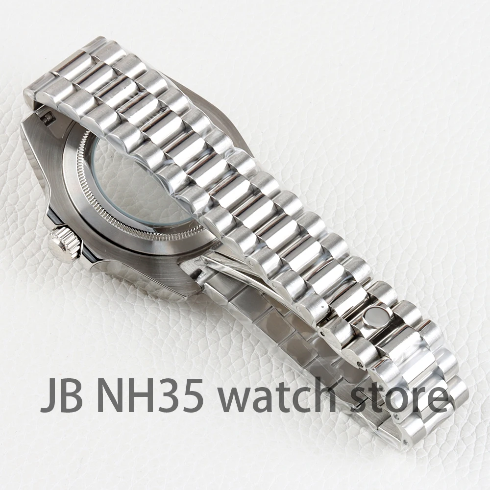 الفضة 40 مللي متر ساعة حالة 20 مللي متر حزام الفولاذ المقاوم للصدأ سوار الرئاسية ل الغواصة NH34 NH35 NH36 NH38 حركة 28.5 مللي متر الطلب