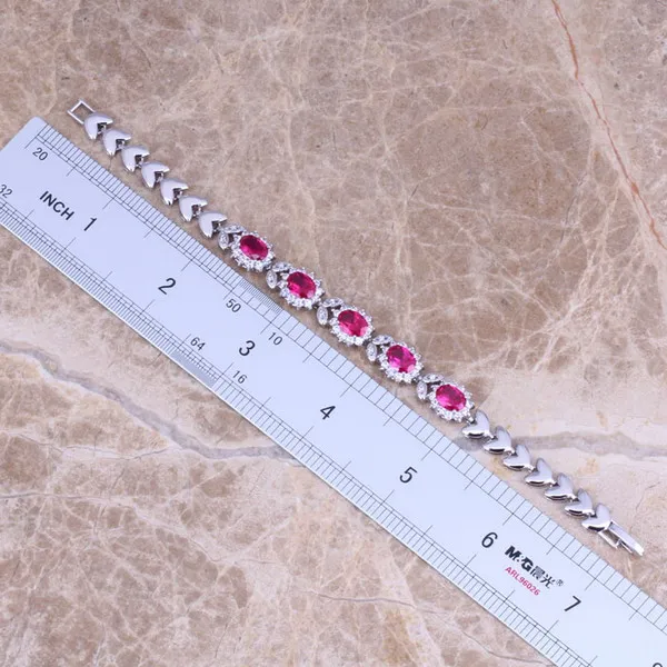 Exquisite Lady\'s Accessories Anniversary Party Gift Rose Red Pink Cubic Zirconia Link Chain Bracelet 7 inch S0396
