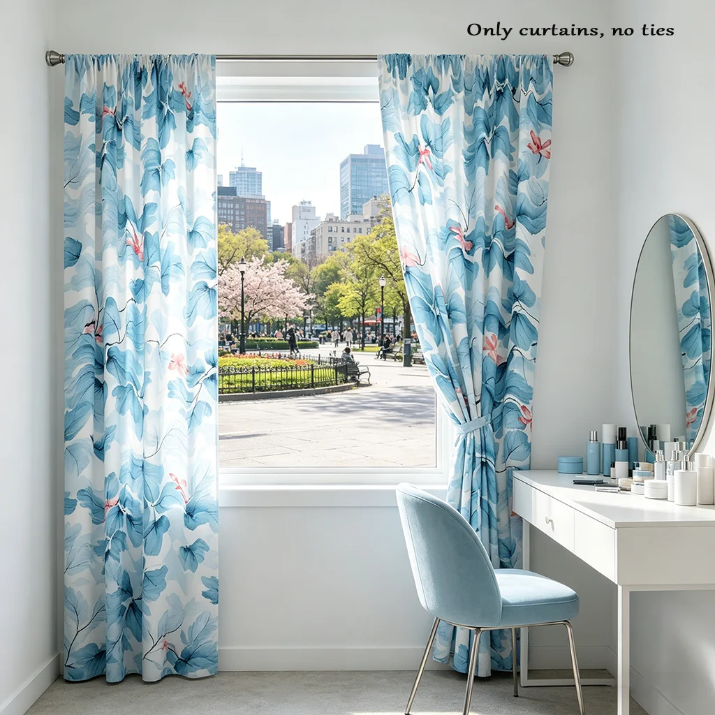 2PCS Curtains, Light Blue, Watercolor Ginkgo Leaf and Pink Floral Pattern, for Bedroom, Living Room, Rod Pocket Style