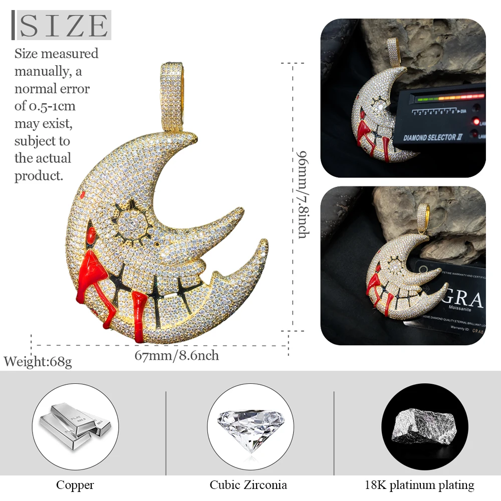18K Gold Plated Dripping Blood Moon Pendant Iced Out  Hip Hop Charm Necklace Full Micro Pave CZ Bling Jewelry Gift For Birthday Party Holiday Daily Statement Men Women Rapper Streetwear Gothic Crescent Moon Design Vivid Red Enamel Blood Spark Accessory