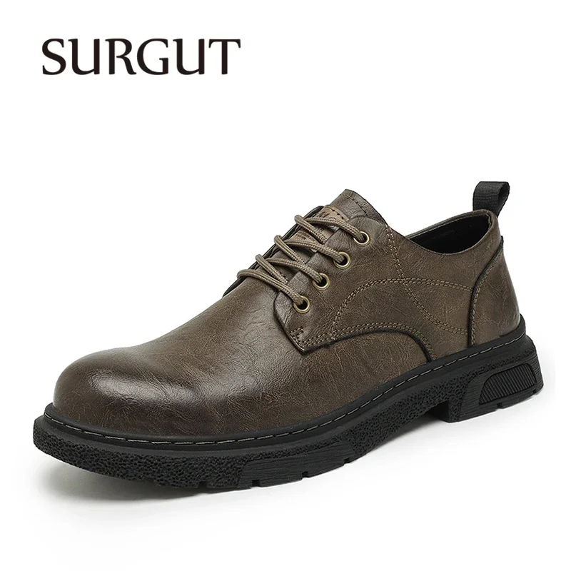 SURGUT Men Leather Casual Shoes Spring Vintage Classic Shoes For Men Comfort Handmade High Quality Working Men Shoes Big Size 46