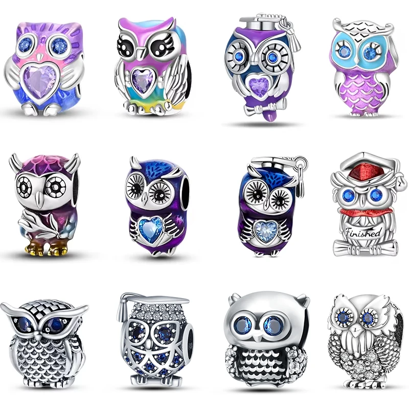 925er Sterlingsilber, modisch, lila Eulen-Charms, Perlen, Eulen-Sicherheitskette, passend für Qikaola Original-Armbänder, DIY-Abschluss-Schmuck, Geschenke