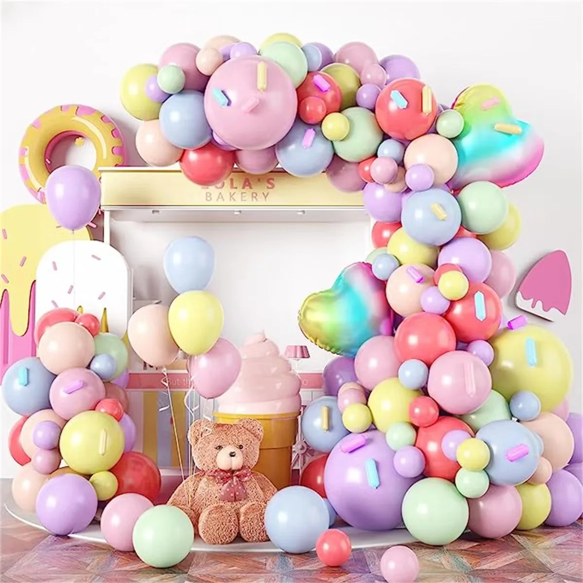 

130PCS Macaron Pink Colored Balloon Garland Set Ice Cream Candy Donuts Themed Birthday Wedding Party Decoration