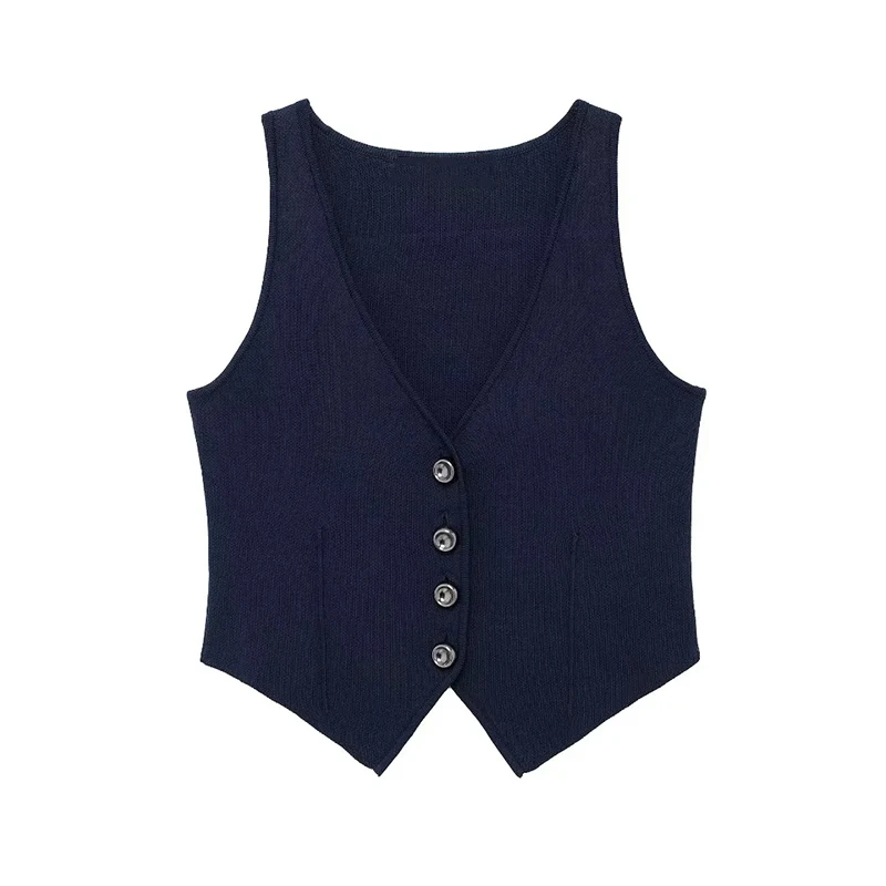 YUEYANG Women Fashion Chic Navy Blue Plain Knit Short Vests Female Buttons V-Neck Sleeveless Sweaters Ladies Knitwear