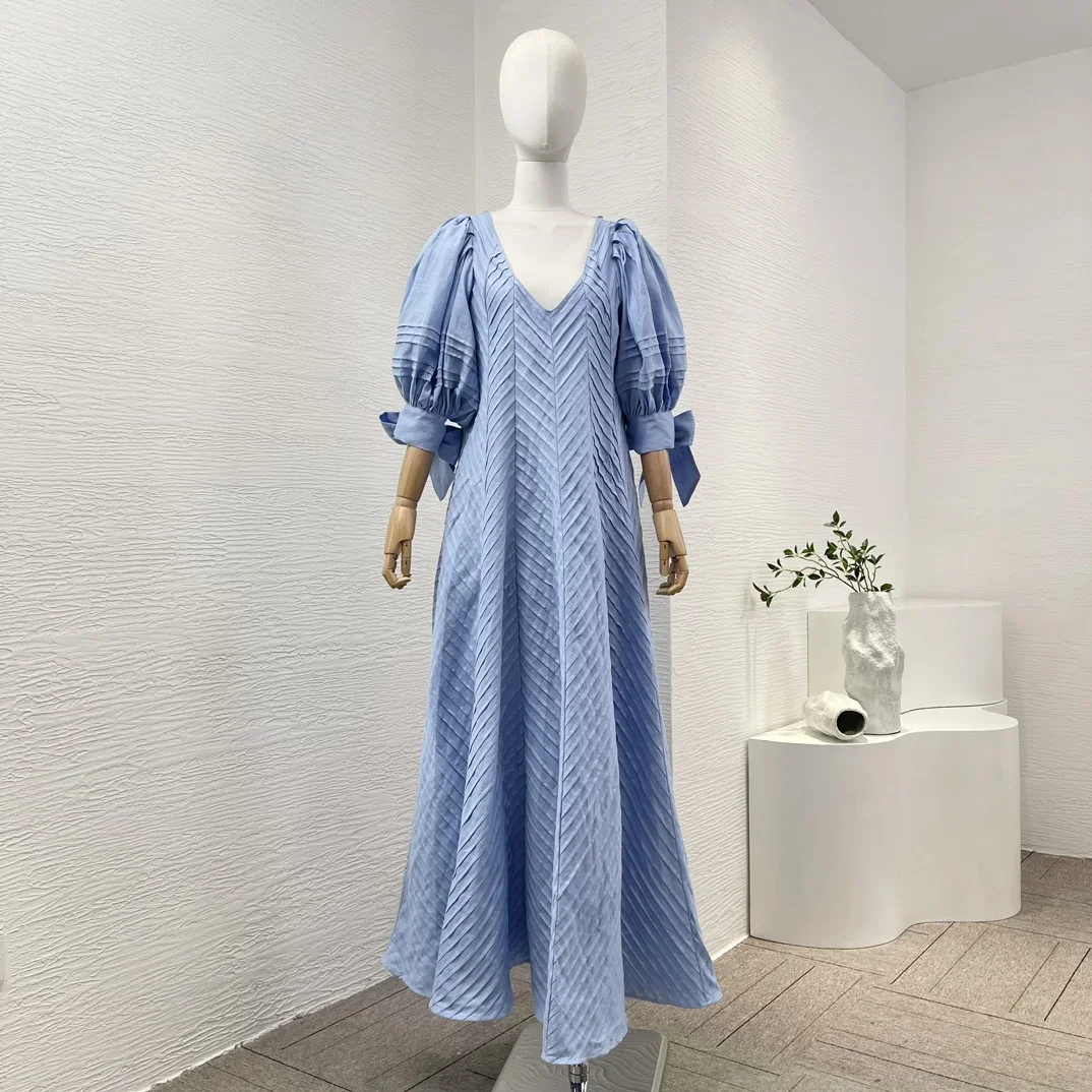 

2024 Women Collection Blue Self Bow Tie At Cuff Bow Backless Cut Out Frill Loose Pleats White Midi Pullover Linen Dresses