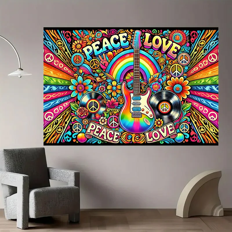 VIKAMA Hippie Peace Love Guitar Tapestry Colorful Psychedelic Music Wall Hanging for Bedroom Boho Decor Wall Hanging Tapestry