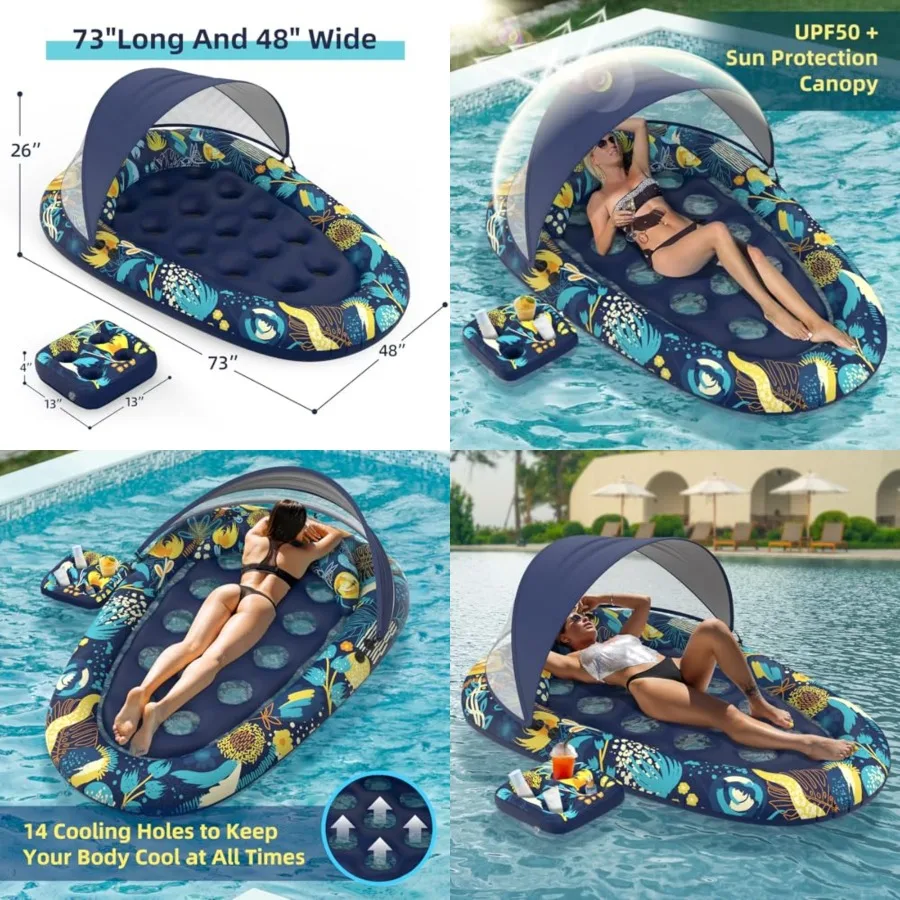 

3-in-1 Pool Floats with Canopy Cup Holder, Tanning Pool Large 73 x 48 Float Adult Heavy Duty, Inflatable Lounger Raft Floating