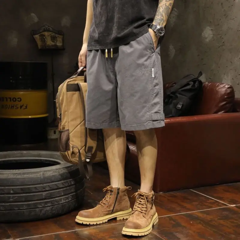Men's Black Cargo Shorts Summer 2026 New 100% Cotton Workwear Loose Fit American Vintage Streetwear 5 Length Casual Pants