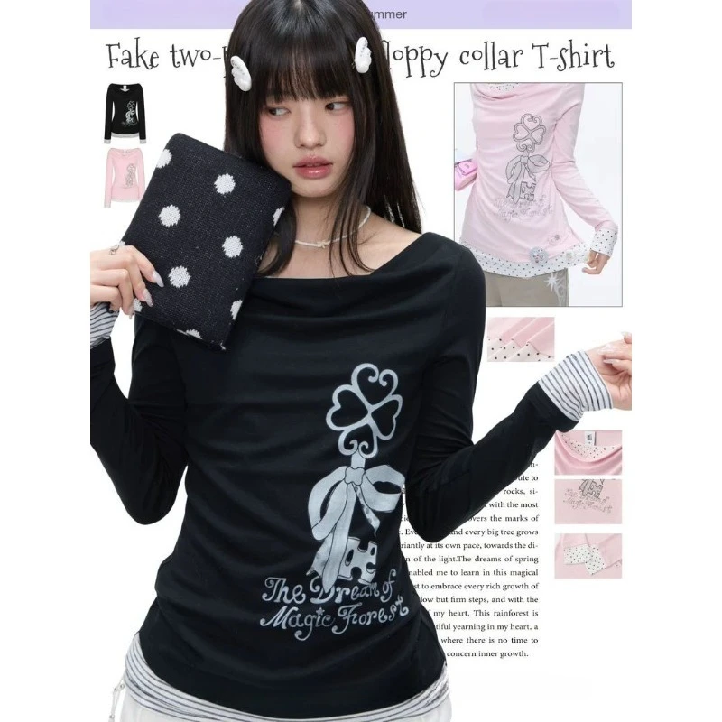 2026 Spring/Summer Pure Desire Hot Girl Top Design Fake Two-Piece Splicing Plunging Neck Soft Long Sleeve Slim Fit T-Shirt INS