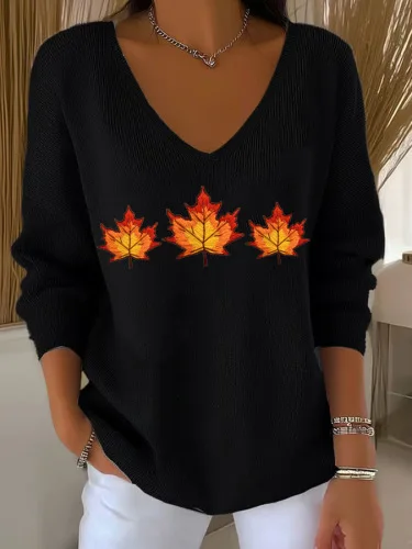 Women Fall Aesthetic 3 Maple Leaves V-Neck Ribbed Loose Pullover Top