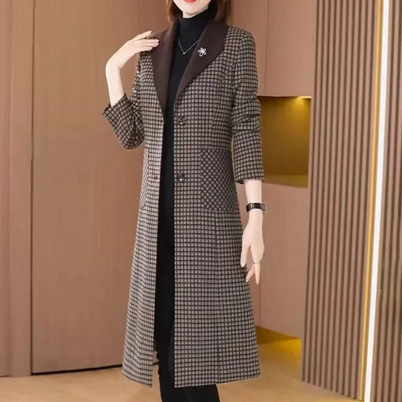 2024 Autumn New High End Mom Plaid Suit Woolen Trench Coat Women Korean Covering Meat Crotch Slim Knee Length Mid Length Coat