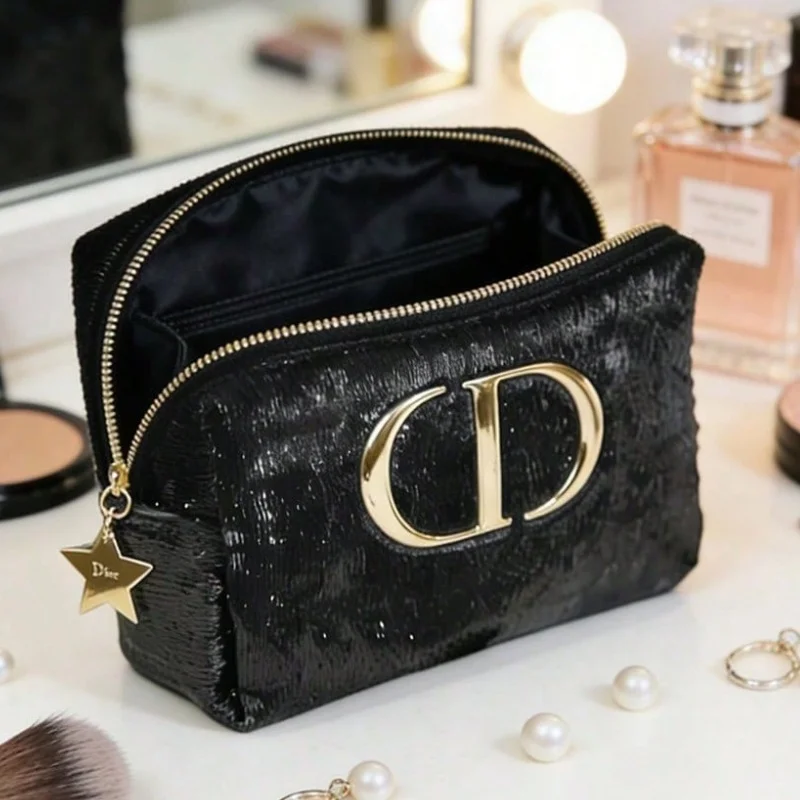 Christian Dior Dior’s bag Vintage Luxury Black Velvet Women Purse Embossed Gold Logo Multi-use Clutch Handbag Portable Cosmetic