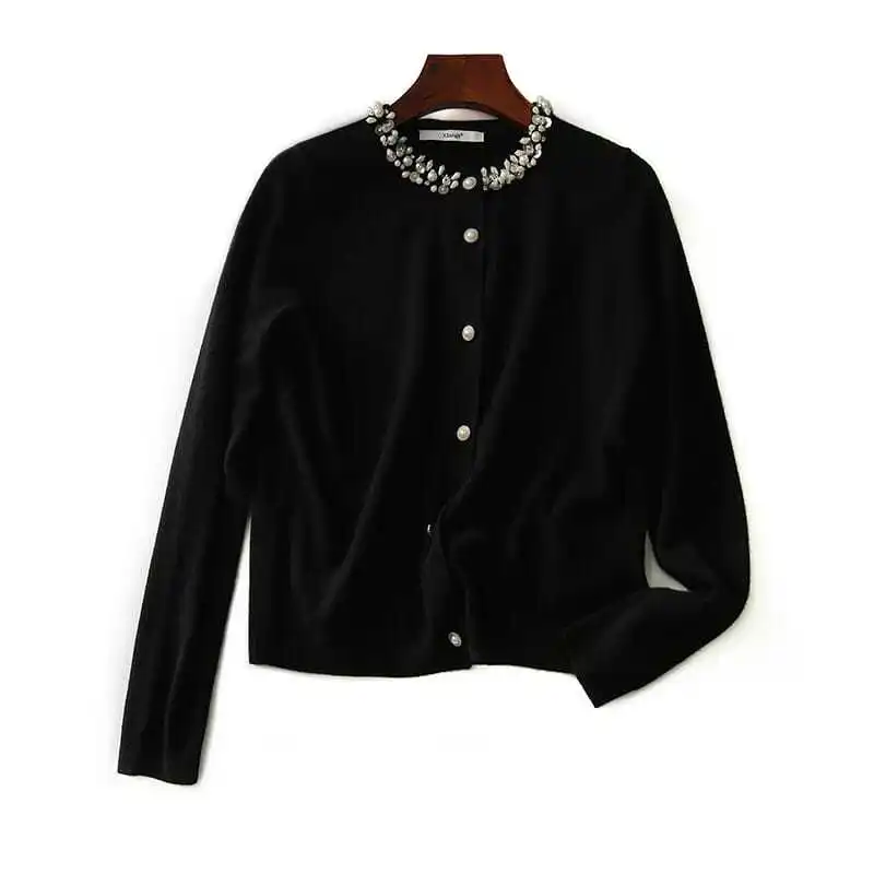 

Women's Clothing Vintage Elegant Black Long Sleeve Cardigan Spring Autumn Fashion Pearls O-neck Button Sweaters Coats Chic Tops