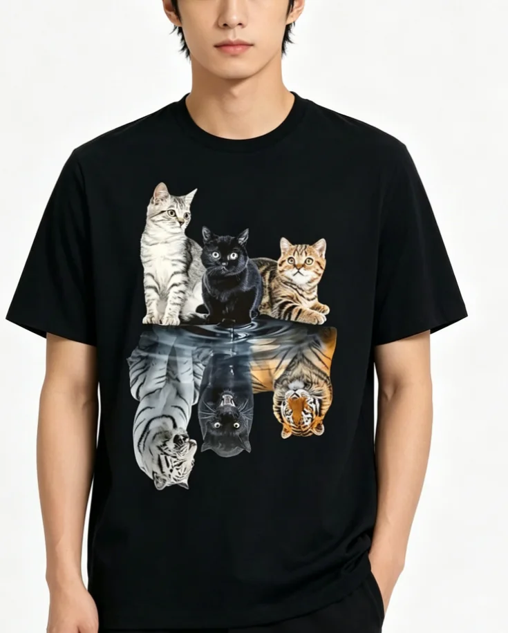 Cat Reflection Mirror Lion Cheetah Tiger Cat T-Shirt Casual Men's T-Shirt Round Neck Short Sleeved T-Shirt Sports Holiday Gift