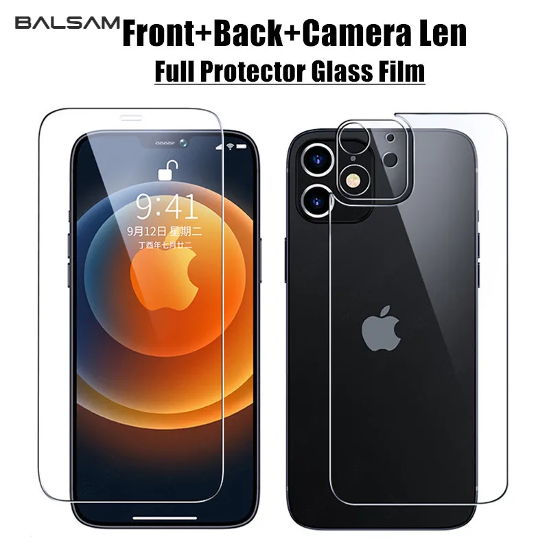 3in1 Front+Back+Camera Lens Full Cover Tempered Glass Film For iPhone 14 13 12 Mini 11 Pro Max X XR XS 14 Plus Screen Protector