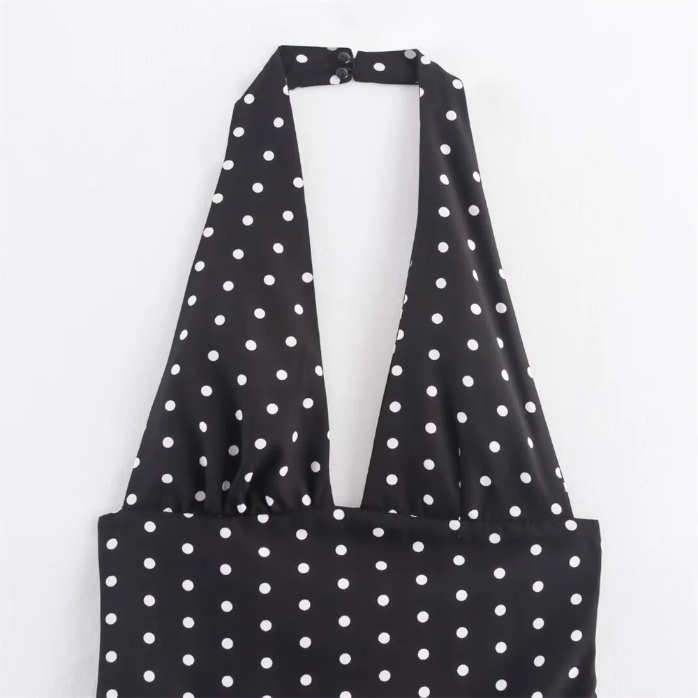 Novo vestido feminino elegante e sexy assimétrico com bainha fofa em camadas decorativas de bolinhas estilo macacão