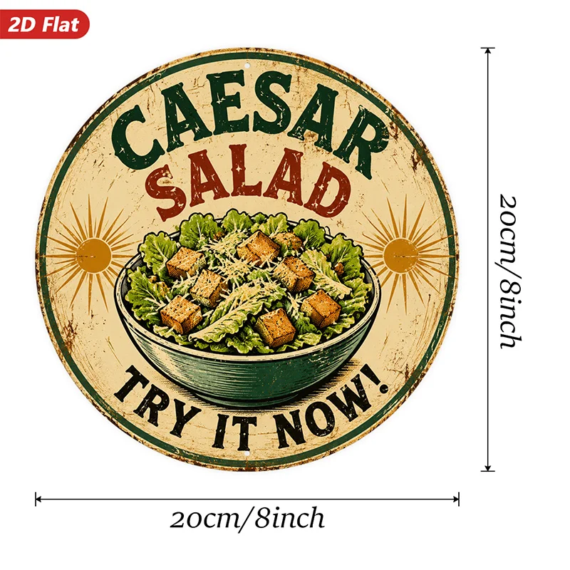 2D Flat, 1pc Retro Caesar Salad Round Metal Sign Wall Art, Home Decor, Try It Now Message, Suitable for Garden Office Study, Sal