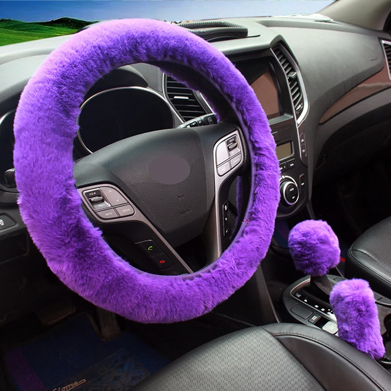 3pcs Plush Car Steering Wheel Cover Four Seasons Universal Elastic Handbrake Gear Cover Auto Interior Accessories Car Tool Set