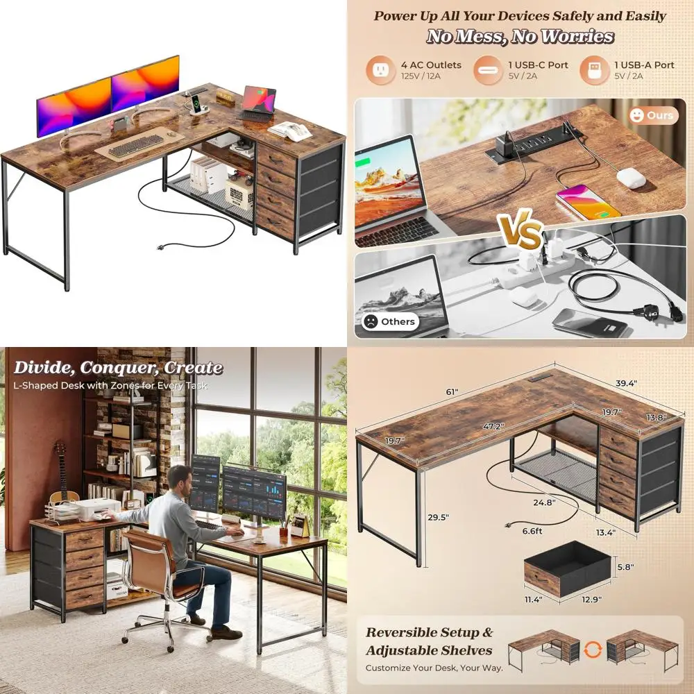 

61 L-Shaped Office Desk with Power & USB-C Ports, Reversible Corner Desk, 4 Drawers, 2 Hutches