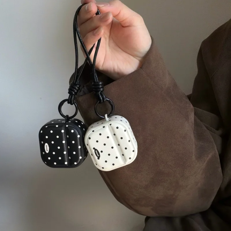 headphone cases for  AirPods Pro3 protective case Black and white polka dot minimalist leather lanyard 3. 4 Pro Pro2 cover