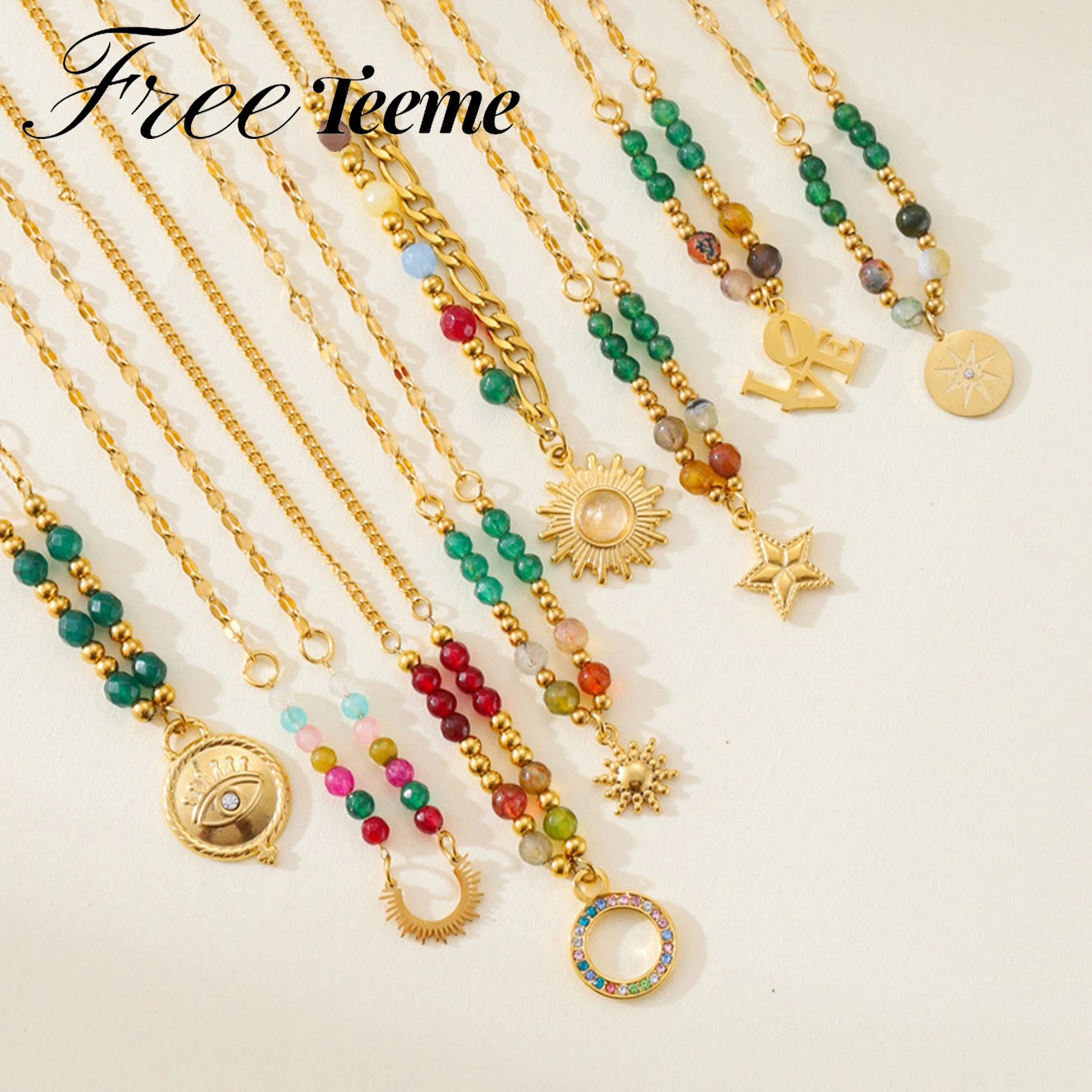 

Freeteeme New Stylish Colorful Beads Chain Necklace for Women Stainless Steel Zircon Cross Pendant Bohemian Summer Jewelry Gift
