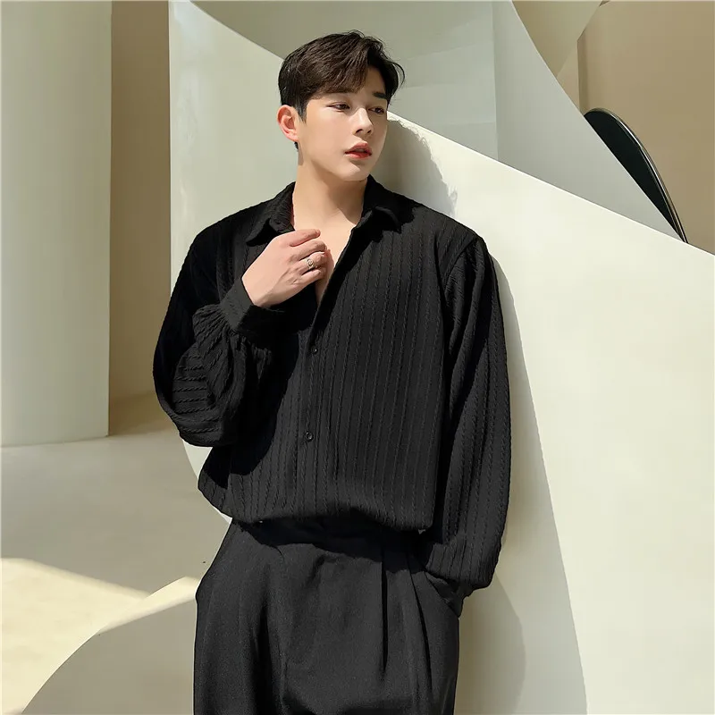 

Cool Lace Hollow out Long Sve Loose Fit Men's irt Spring Summer Faionable Striped Youth Linen Blend No Iron Needed