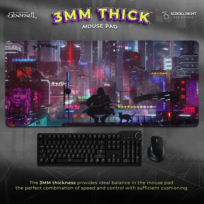 لوحة ماوس Cyberpunk City - مشهد مسطح نيون مستقبلي مع آرتشر آند كات في طوكيو الخيال العلمي - هدية حصيرة مكتب الألعاب #3