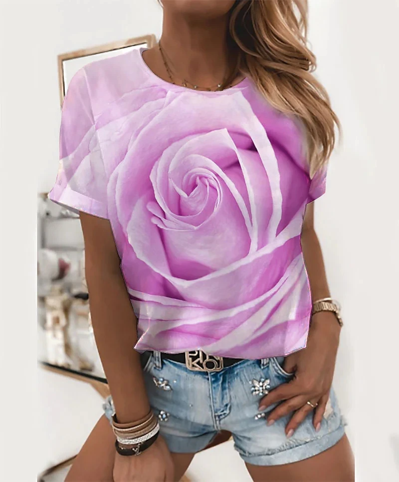 Boutique Rose Flower Graphic T Shirt Fashion Trend Women\'s Short Sleeve Shirts Casual O-neck Loose Tees Streetwear Free Shipping