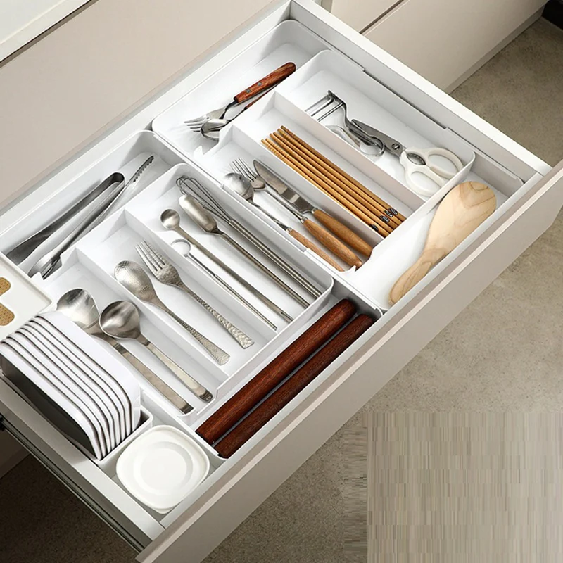 【HOT】Kitchen Drawer Tableware Organization Frame Adjustable Cooking Tableware Tray Plastic Tableware Chopsticks Rack